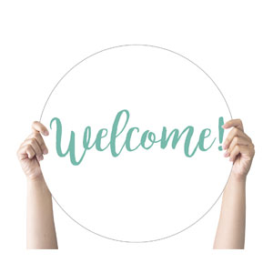 Turquoise Script Welcome Hand Held Circle Handheld Signs
