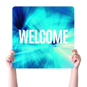 Chevron Welcome Blue Square Handheld Signs